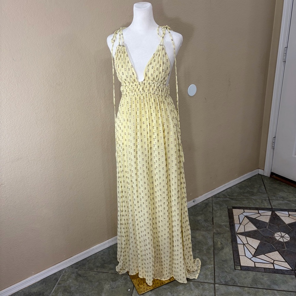 En Creme Womens Deep V-Neck Light Yellow Maxi Dress Sz S Wedding Party Beach EUC - Picture 4 of 16